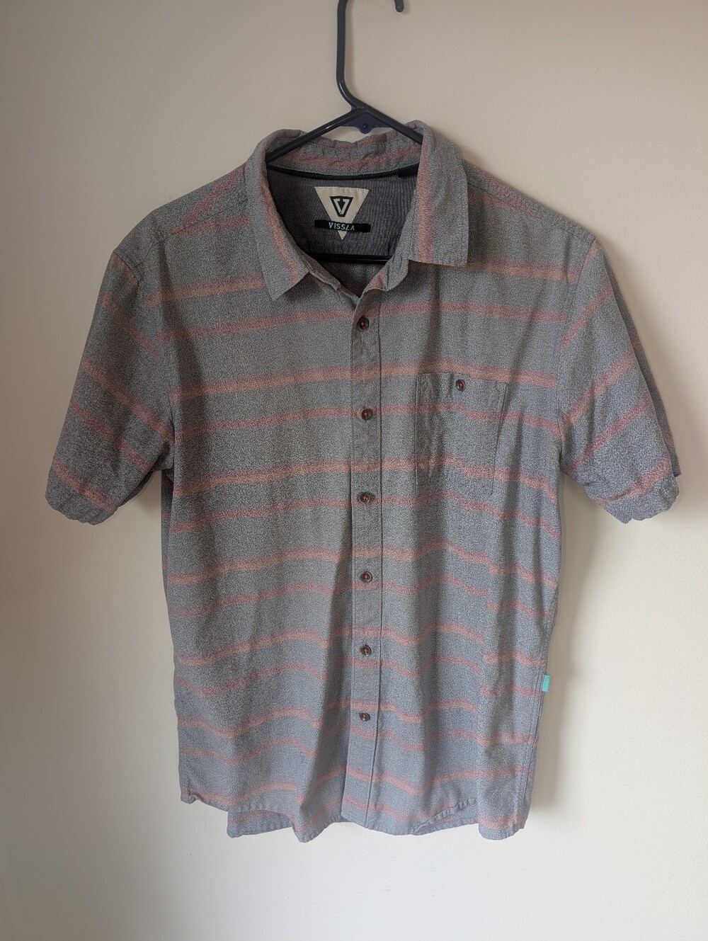 VISSLA Short-Sleeve Button-Down Shirt with Pinkish Stripes